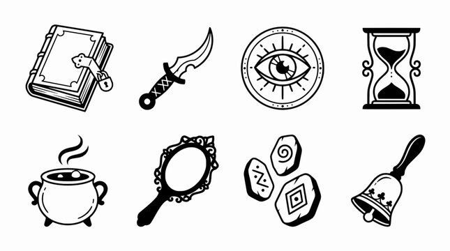 Magic and Witchcraft Occult Ritual Icon Set with Spellbook Cauldron and Alchemical Symbols Line Art Illustrations