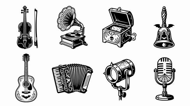 Vintage Musical Instruments and Audio Equipment Icon Set in Classic Engraved Style