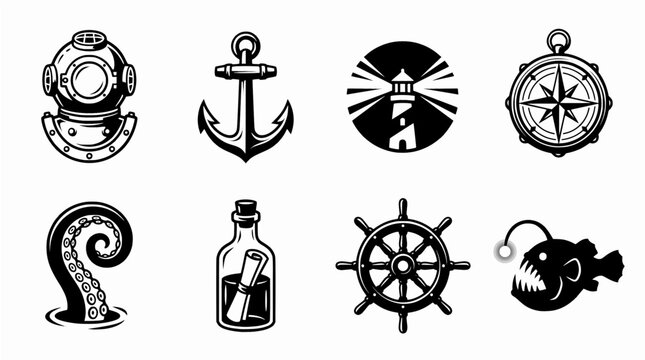 Vintage Nautical Ocean Adventure Vector Icon Set featuring Maritime Symbols and Sea Exploration Elements