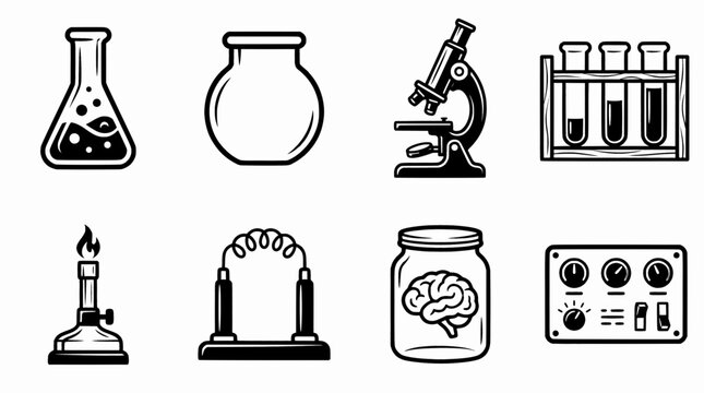Vintage Science Laboratory Equipment and Mad Scientist Workshop Icon Set for Chemistry and Biology Projects