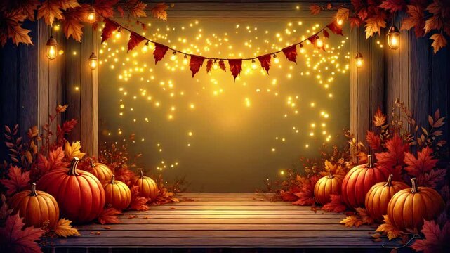 Autumn background with pumpkins, fall leaves and glowing garland lights on wooden porch. Thanksgiving holiday backdrop with orange foliage and bokeh sparkles.