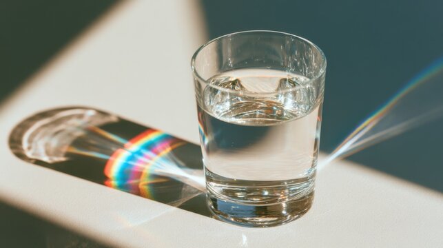 Glass of water casting rainbow shadow on white surface