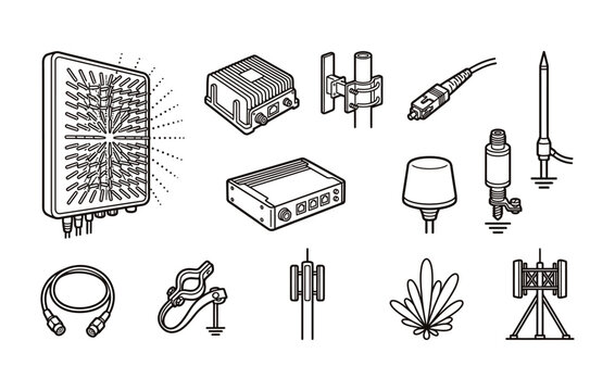 Mobile network telecommunication base station vector illustration with 5g panel antennas remote radio units cell towers fiber cables and grounding hardware
