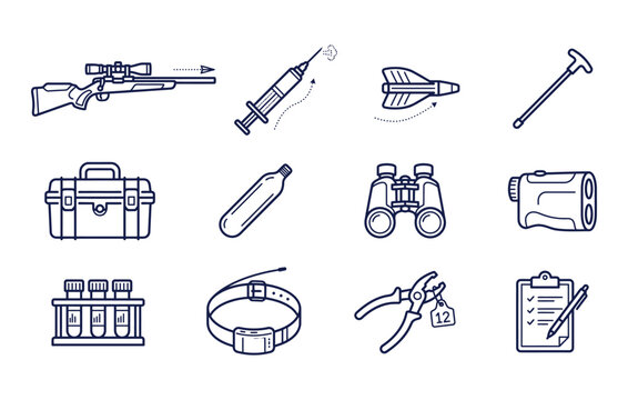 Wildlife tranquilizer rifle and animal tracking equipment vector doodle set featuring dart guns syringes gps collars binoculars taggers and field test tubes
