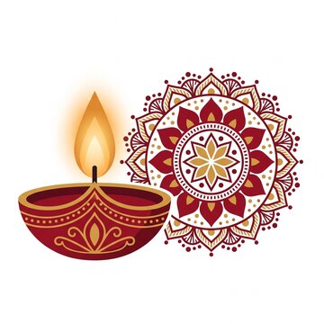Diwali oil lamp diya with warm golden glow and small rangoli pattern, flat vector icon