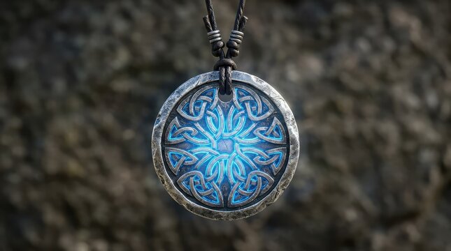 Ancient magical necklace, a powerful silver amulet engraved with detailed Celtic knots that glow with blue mystical energy, hanging with threads, talisman, artifact, necklace