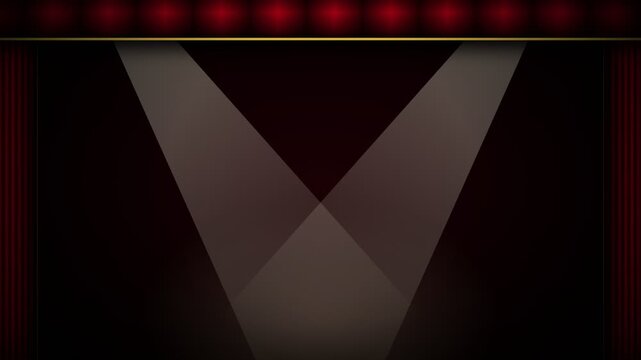 Red theater curtain opening revealing empty stage with spotlights