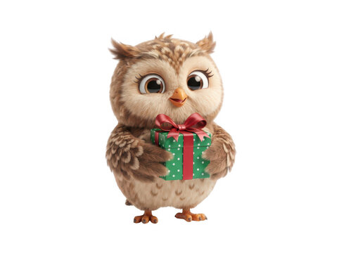 A cute cartoon owl holding a green gift box with a red ribbon isolated on transparent background. Adorable character design for Christmas greeting cards and banners.