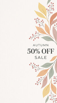 Autumn sale announcement with stylized leaves and berries, showcasing a seasonal discount concept, ideal for marketing and promotion.