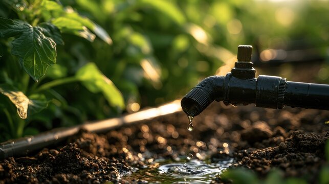 Drip irrigation system in a vegetable garden during early morning hours