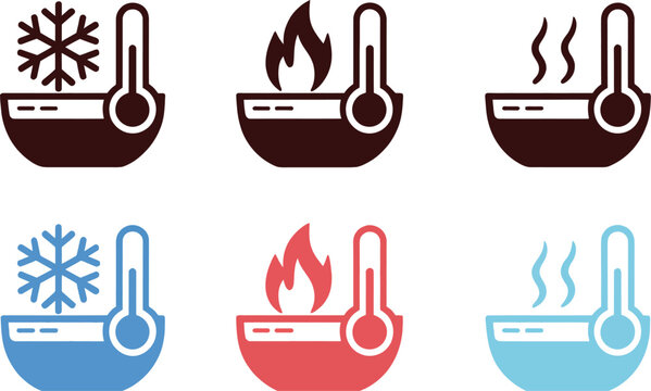 Hot cold water icon set, boiled water symbols, bath temperature indicators, snow fire steam signs, basin thermometer pictograms, warm cool concept, vector illustration