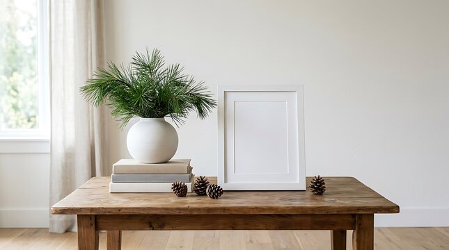 Empty white picture frame mockup with pine branch and pinecones on a rustic wooden table