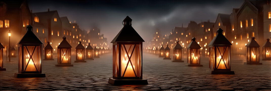 Saint martin's day lanterns illuminating a historic cobblestone street at night, creating a festive atmosphere with warm glowing light from numerous candles