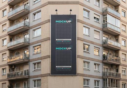 Apartment Building Long Vertical Billboard Mockup