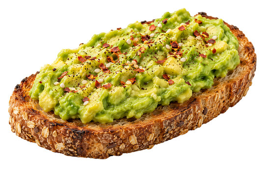 Avocado toast with creamy mashed avocado chili flakes seeds on multigrain bread healthy breakfast snack isolated on a transparent background