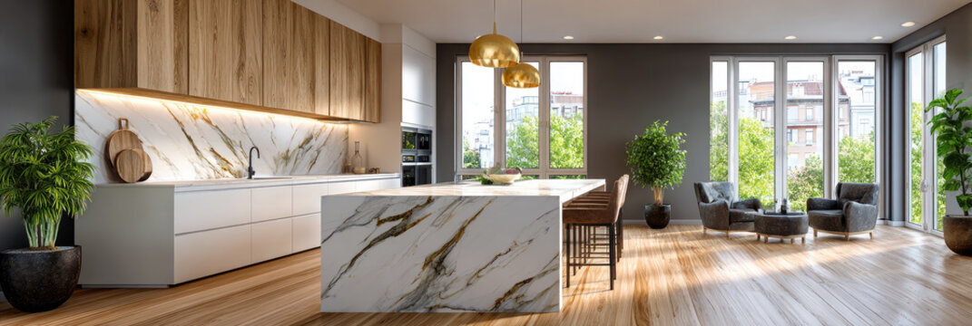Empty contemporary open concept kitchen and living room featuring luxurious marble island, elegant wooden cabinetry, large windows, and modern golden pendant lights