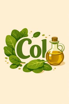 Olive oil bottle with green leaves and col lettering illustration for cooking background and natural ingredient banner design