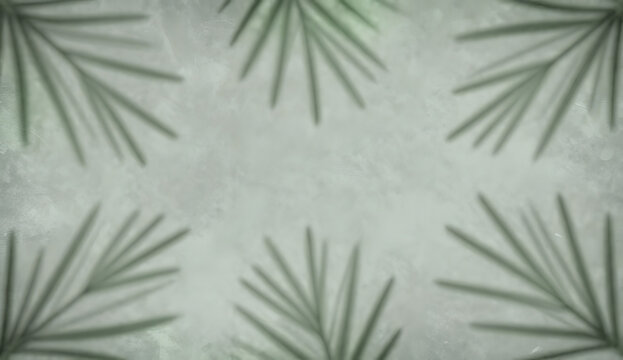 Abstract background with pine branch shadows on grey green concrete texture. Minimalist sage green layout with christmas tree needles shadowplay and copy space
