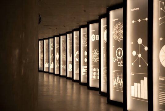 Futuristic fintech narrative architecture as the primary subject, a chronological passage illustrati
