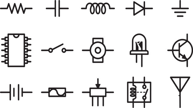 Electronic component symbols collection featuring circuit diagram elements for engineering.