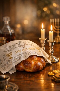 Traditional shabbat challah loaf under embroidered cover with lit candles and silver candlesticks for holiday table background