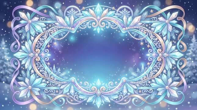 Blue crystal winter frame with glowing stars and ornate festive details