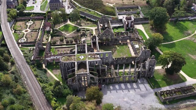 Aerial view of the Abbey de Villers ruins during a bright sunny afternoon in Belgium