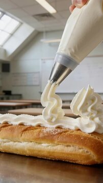 Vertical video: Pressing star tip bag, student piping swirls decorating filled pastry in lab