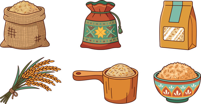 Whole Grain and Brown Rice Production Vector Icon Set Featuring Burlap Sack Patterned Sack Paper Bag Wheat Crop Wooden Scoop and Bowl Designs