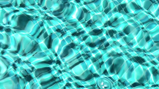 Artistic close up of turquoise pool water with ripples, droplets and shimmering light forming vibrant fluid patterns and an abstract liquid background. High quality 4k footage