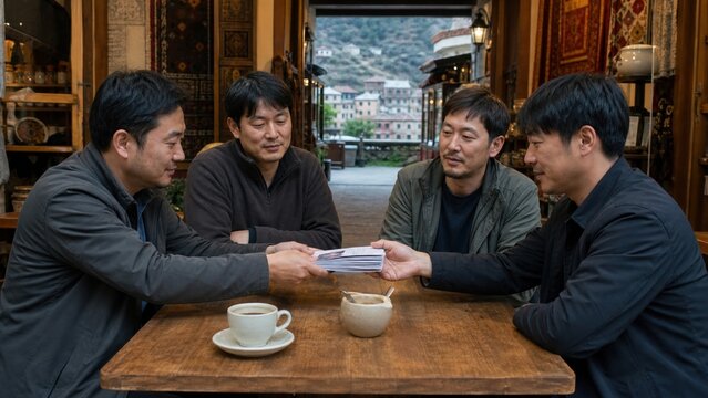 Men Sharing Flyers at Asian Market Cafe