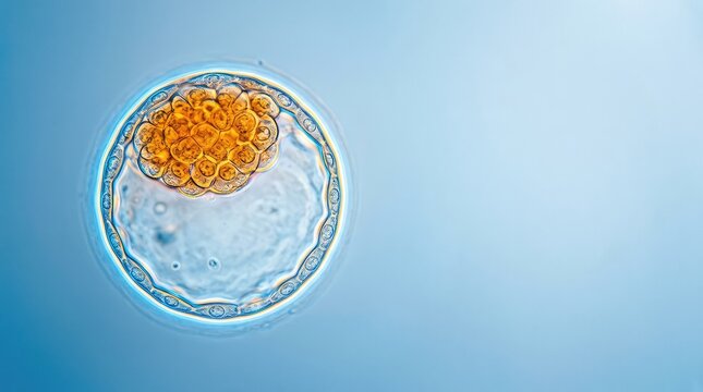 High-resolution micrograph showing a human blastocyst with a prominent inner cell mass and distinct trophoblast layer, under DIC microscopy, microscopic, biology, laboratory