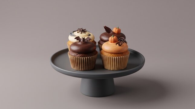 Halloween cupcakes with pumpkin, bat and spider web decorations on dark cake stand