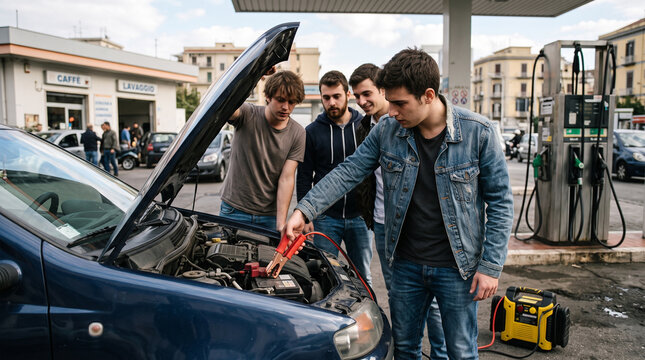 Men attaching battery clamp to car engine