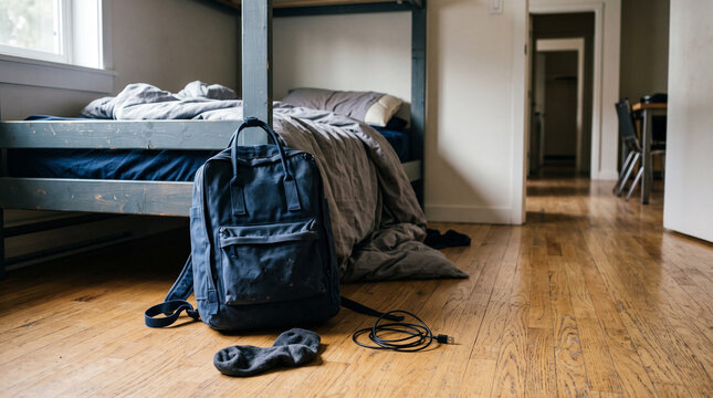 Backpack on hostel room floor