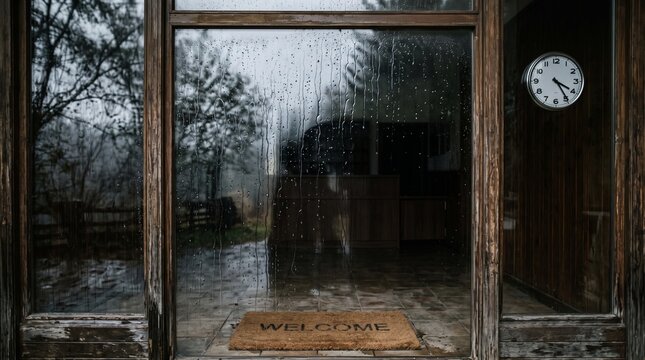 Rain Streaked Window at Rural Hotel Entrance