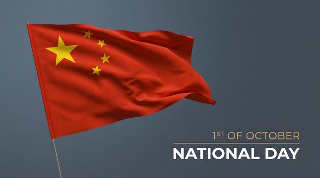 Waving flag of china with the text national day on a dark blue background