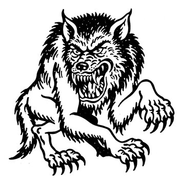 PNG Menacing snarling werewolf black and white transparent illustration
