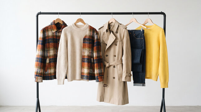 Clothes on a rack, featuring a plaid jacket, cream sweater, trench coat, jeans, and yellow sweater, symbolizing style and wardrobe collection