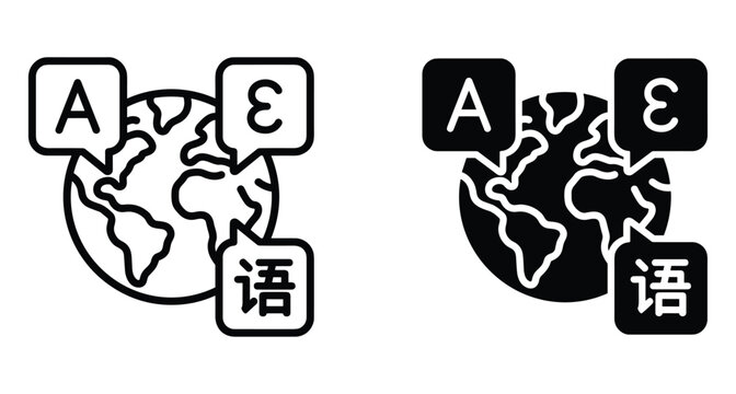 Global language translation icon set featuring earth globe with speech bubbles containing latin greek and chinese characters for multilingual communication