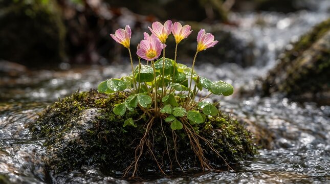 Beautiful delicate pink oxalis flowers growing on a mossy rock in a flowing forest stream