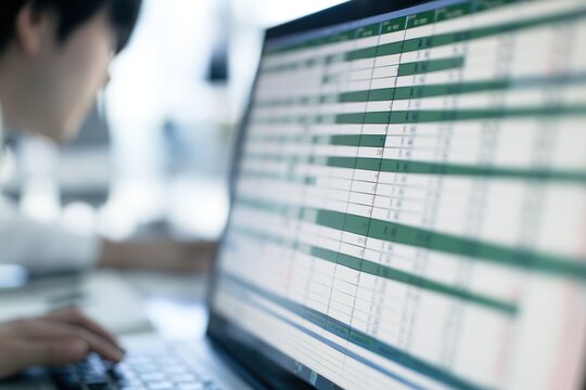 Asian male office worker analyzing data on laptop screen displaying spreadsheet with rows and columns in a bright, modern workspace environment