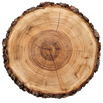 Rustic tree trunk cross section showing growth rings bark cracks and wood texture timber detail isolated on a transparent background