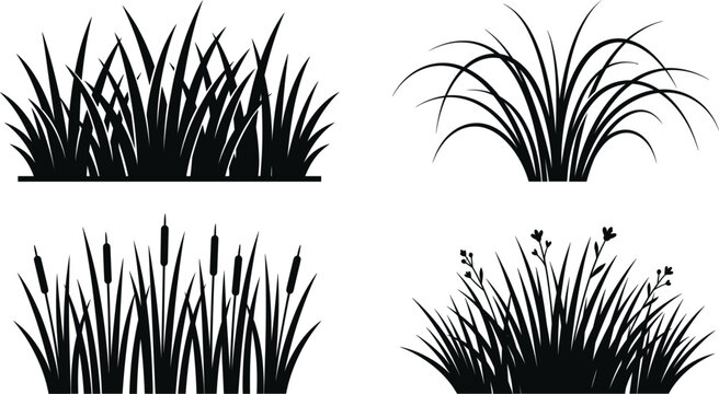 Grass tuft silhouette vector set featuring black icons of wild meadow lawn, swamp bulrush cattails, ornamental reeds, and small field flowers.