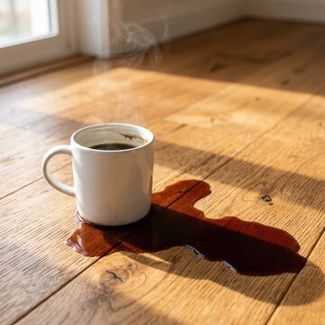 Spilled dark coffee steams on a sunlit oak floor beside a white ceramic mug, creating warm morning shadows and a cozy, natural ambiance, drop, beverage, brown