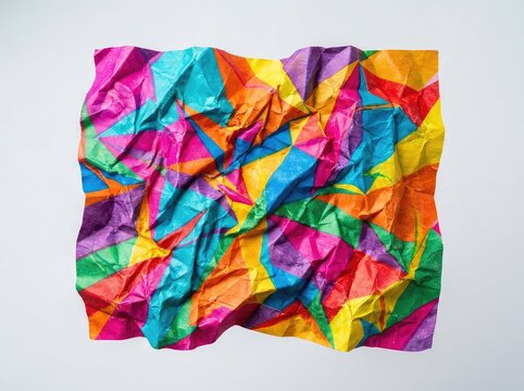Vibrant and complex texture of crumpled paper. Folds and creases create a dynamic pattern of multi-colored abstract shapes and lines, wall, splice, rainbow