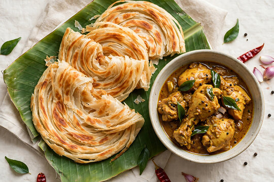 Kerala Malabar Parotta with Chicken Curry on Banana Leaf Top View