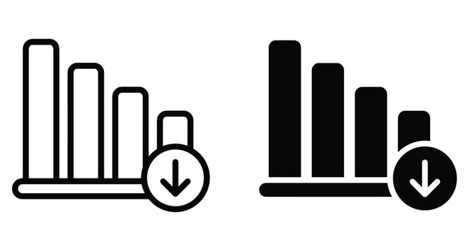 Bar chart icon showing downward trend and negative growth with arrow symbol for business loss financial decrease and data analysis