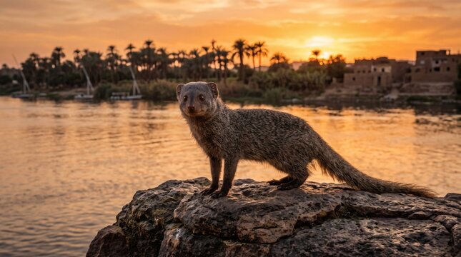 Egyptian mongoose standing on rock beside river with palm trees at sunset