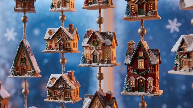 Miniature christmas village houses hanging on strings with snow and warm lights. Cozy holiday decoration on blue bokeh background.